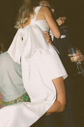 Short White Satin Wedding Dress Square Neck with Bow Back MyChicDress